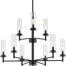 Kellwyn Collection Nine-Light Matte Black and Clear Glass Transitional Style Chandelier Light - Dry Location Listed