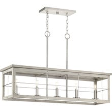 Hedgerow Collection Five-Light Brushed Nickel and Grey Washed Oak Farmhouse Style Linear Island Chandelier Light - Dry Location Listed