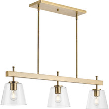 Saffert Collection Three-Light New Traditional Vintage Brass Clear Glass Linear Island Chandelier Light - Dry Location Listed