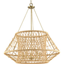 Laila Collection Five-Light Vintage Brass Coastal Chandelier with Woven Jute Accents - Dry Location Listed
