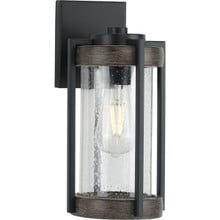 Whitmire Collection One-Light Matte Black with Aged Oak Accents Clear Seeded Glass Farmhouse Outdoor Wall Lantern Light - Wet Location Listed - Model P560281-31M