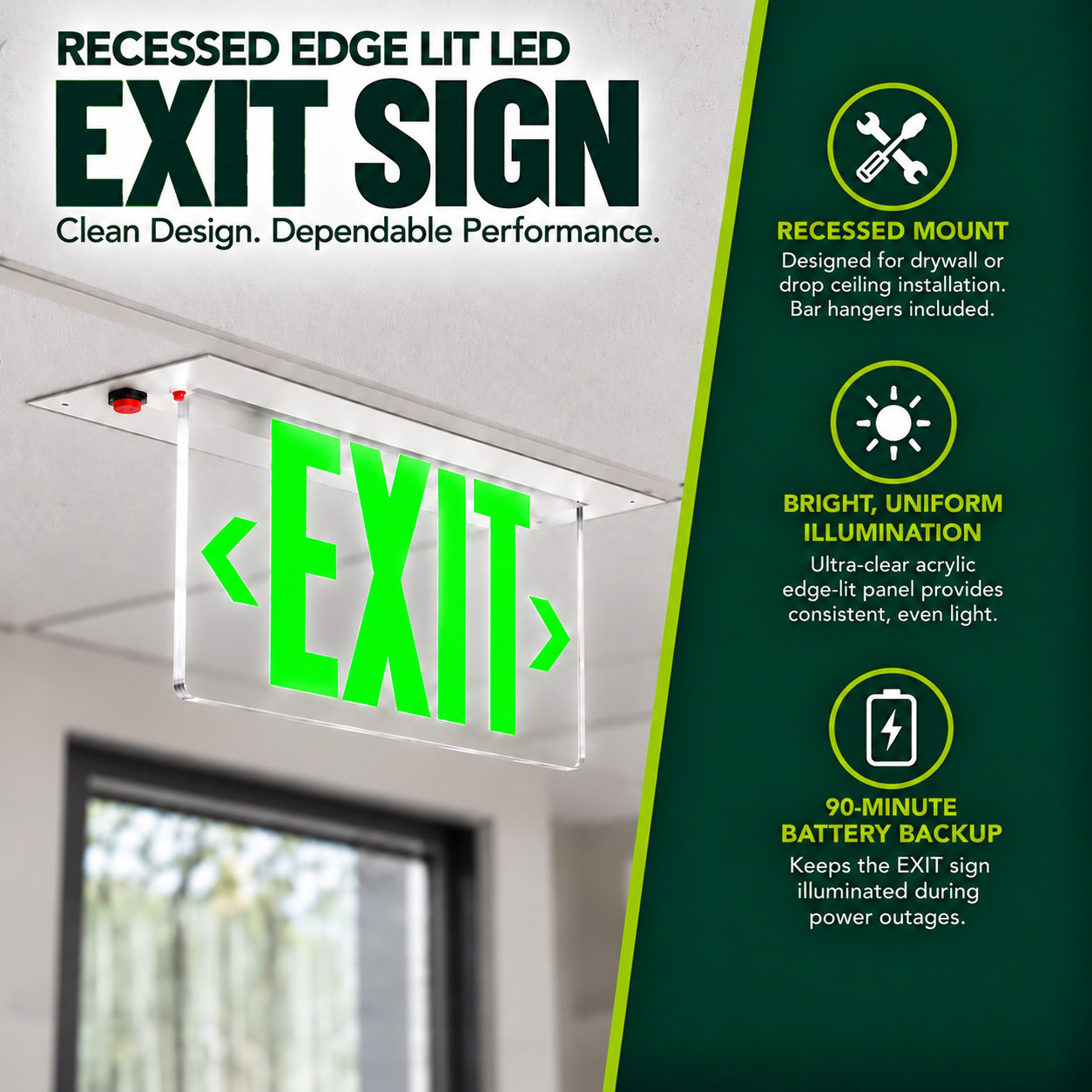 Aluminum Edge-Lit Exit Sign – Clear Panel, Red Letters