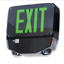 Wet Location Combo LED Exit Sign And Emergency Light Single Face- Black Housing Color, and Green Lettering - With 90 Minute Battery Back-Up