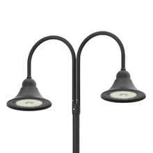 LED Designer Bell Post Light - 23 Inch Diameter - Watt Selectable 150/100/80W - 110-277V - Color Temperature Selectable 30/40/50K - Dimmable - Black Finish - With Double Bell Post Arm Pole Mount & 4 Inch Adapter
