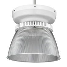 Round High Bay, 24, 000LM, Diffuse Aluminum, 120V-277V, Generic driver 0-10V dimming, 4000K, 70 color rendering index, Pendant mount, male hook with 6FT black cord,  no plug, White,  super durable