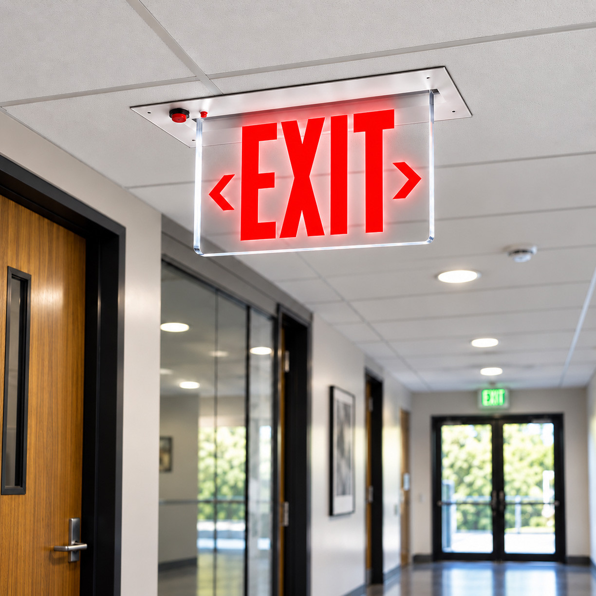 Aluminum Edge-Lit Exit Sign – Clear Panel, Red Letters