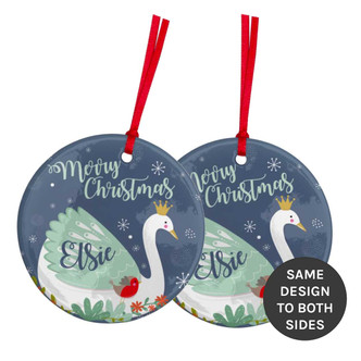 Merry Christmas (swan) Personalised Ceramic Tree Decoration Round