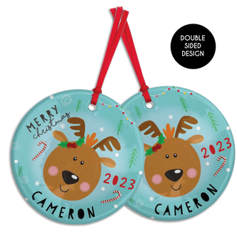 Santa and Friends reindeer Personalised Ceramic Tree Decoration Round