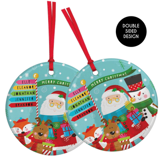 Santa and Friends North Pole Personalised Ceramic Tree Decoration Round