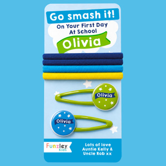 Personalised First Day At School Hair Clips and Bands Gift Set (green)
