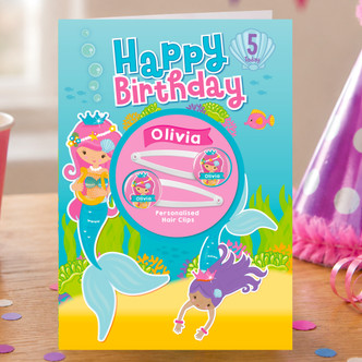 Personalised Pretty Mermaids Birthday Card With Hair Clips