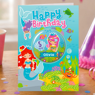 Personalised Pretty Mermaids Birthday Card With Badge