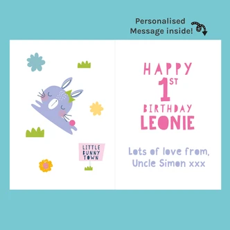 Personalised 1st Birthday Card Bunny Town
