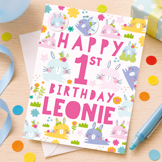 Personalised 1st Birthday Card Bunny Town