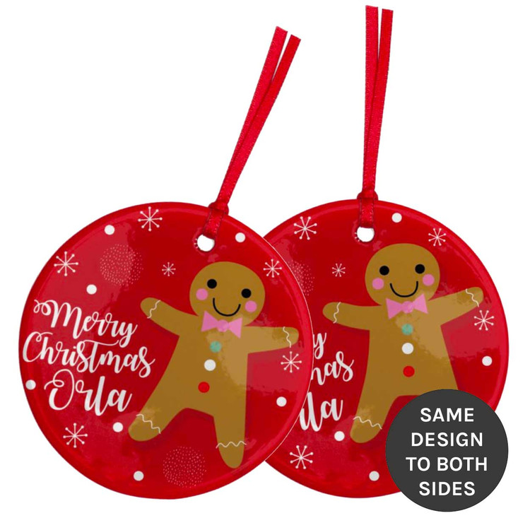 Merry Christmas (gingerbread) Personalised Ceramic Tree Decoration Round
