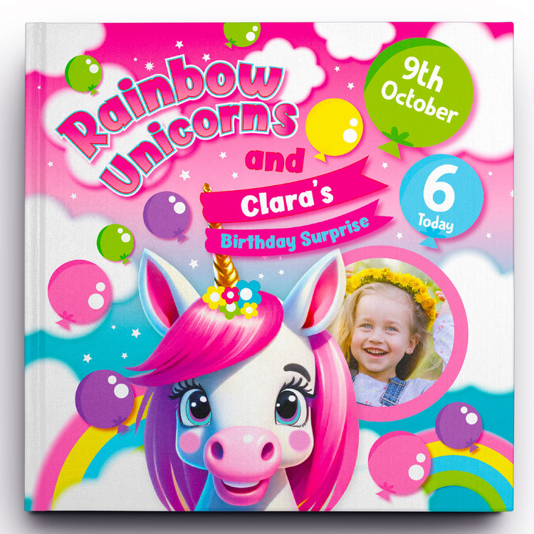 (ARU) Rainbow Unicorns Personalised Photo Birthday Story Book with Activities (Hard backed)