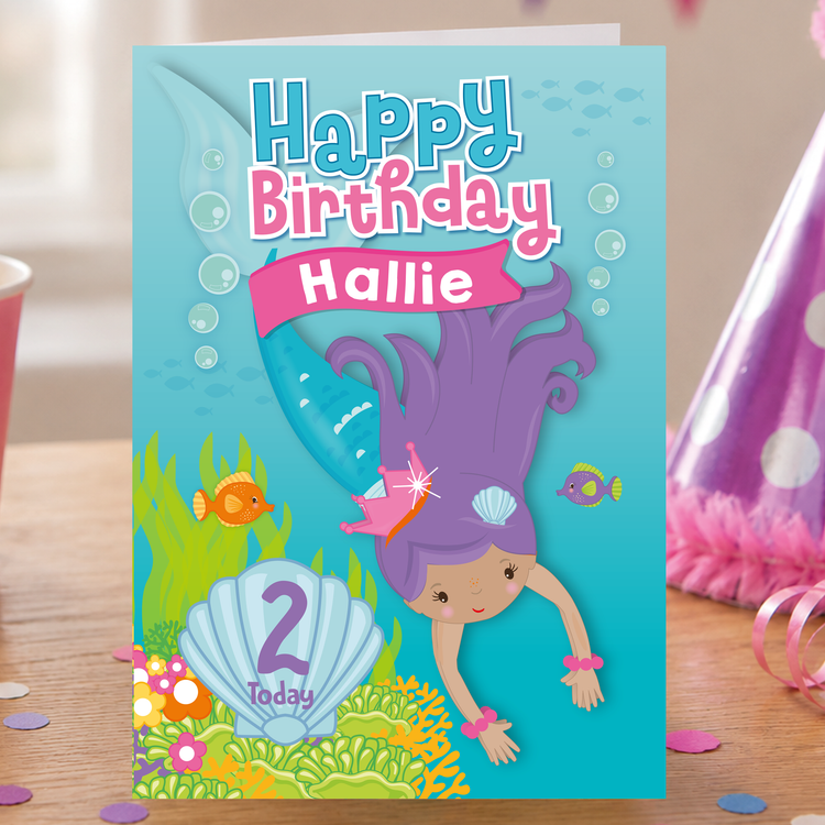 Personalised Pretty Mermaids (purple) Birthday Card
