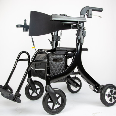 Backrest flipped Multifunctional 3 in 1 transfer chair-electric wheelchair, electric rollator and walker.
Wheelchair features a Lightweight aluminum alloy frame, weighs only 41lbs including battery weight.
Wheelchair Safely supports up to 220lbs and is great for rehab patients with the Power resist mode for rehabilitation exercises.
Dual controllers meet dual-mode use of electric wheelchair and electric rollator.
Small and portable for all car, train, and airplane travel.