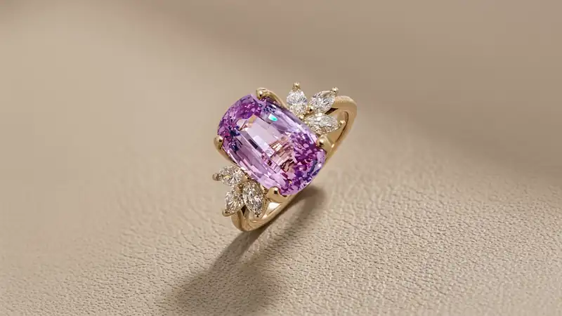 Close-up animation of the 3.02 carat natural pink sapphire engagement ring rotating in soft daylight, showing the cushion-cut centre stone and marquise diamond accents in 14kt gold