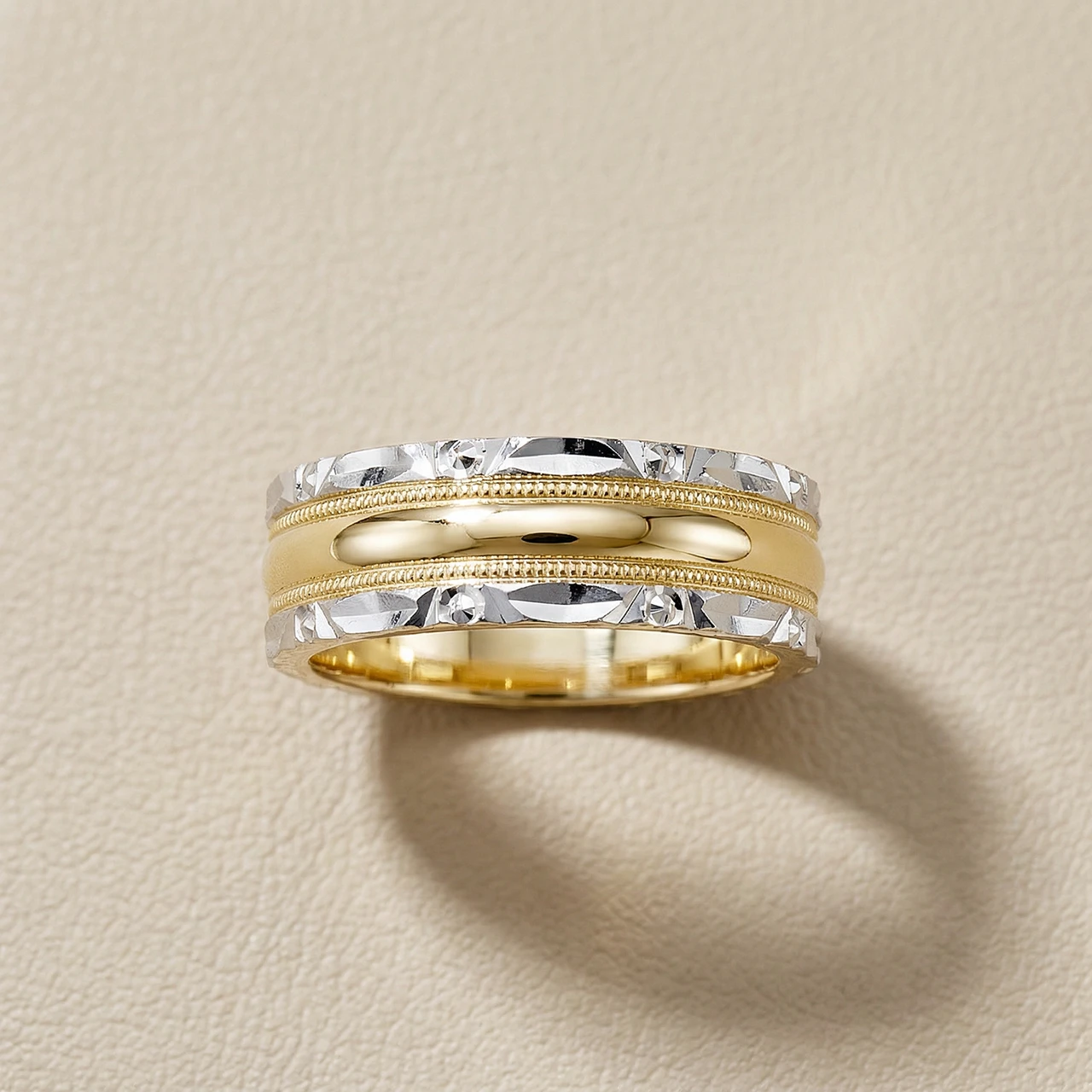 Two-tone textured milgrain men's wedding ring, 6mm wide, in solid gold