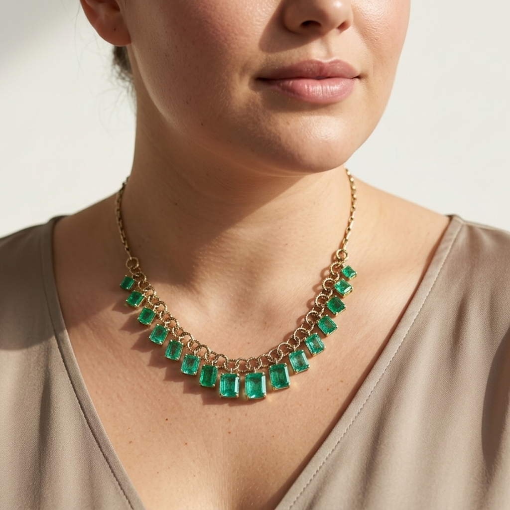 The vintage-style natural emerald station necklace, 10.46tcw, worn at the collarbone