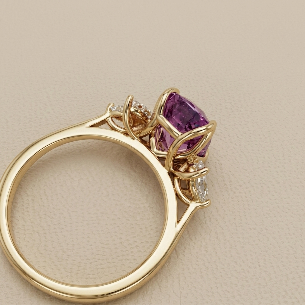 Setting detail of the pink sapphire engagement ring — marquise diamond accents in 14kt gold