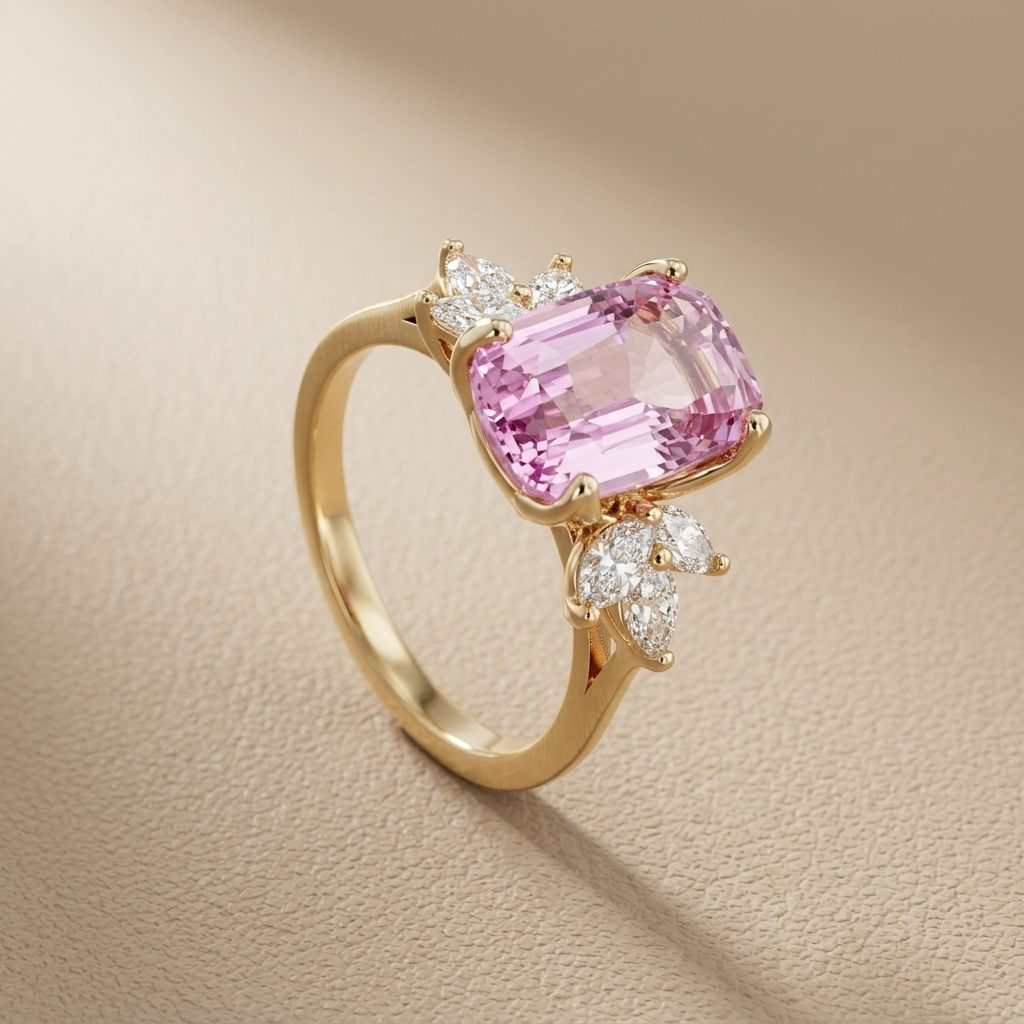 Low angle view of the 3.02ct unheated pink sapphire ring showing gallery and prong work