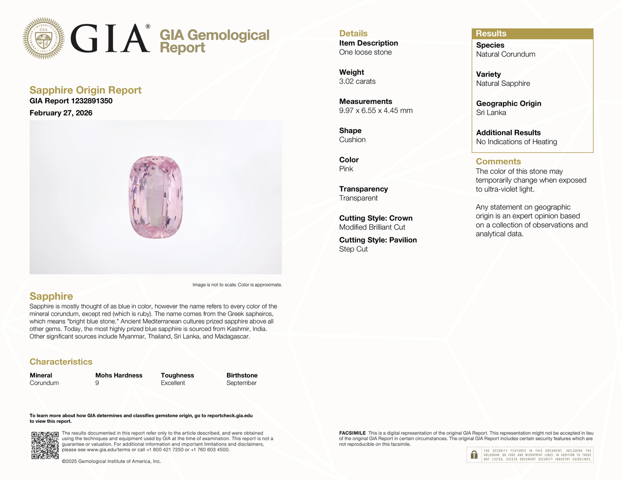 GIA Sapphire Origin Report number 1232891350 for the unheated 3.02ct pink sapphire