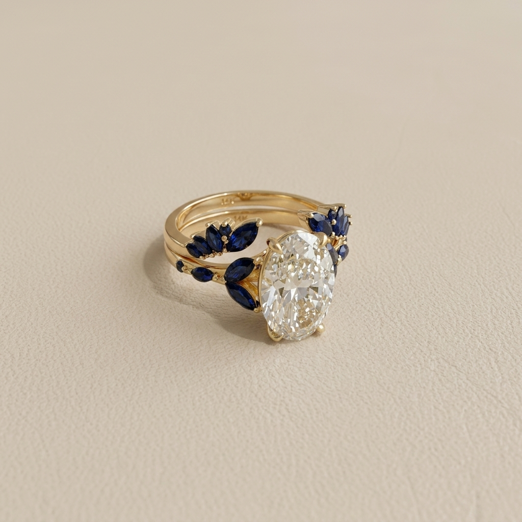Oval diamond engagement ring with blue sapphire accents on either side set in 14kt yellow gold
