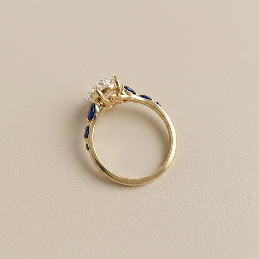 Close-up of the setting showing the 2.5 carat oval lab diamond center with sapphire accent stones