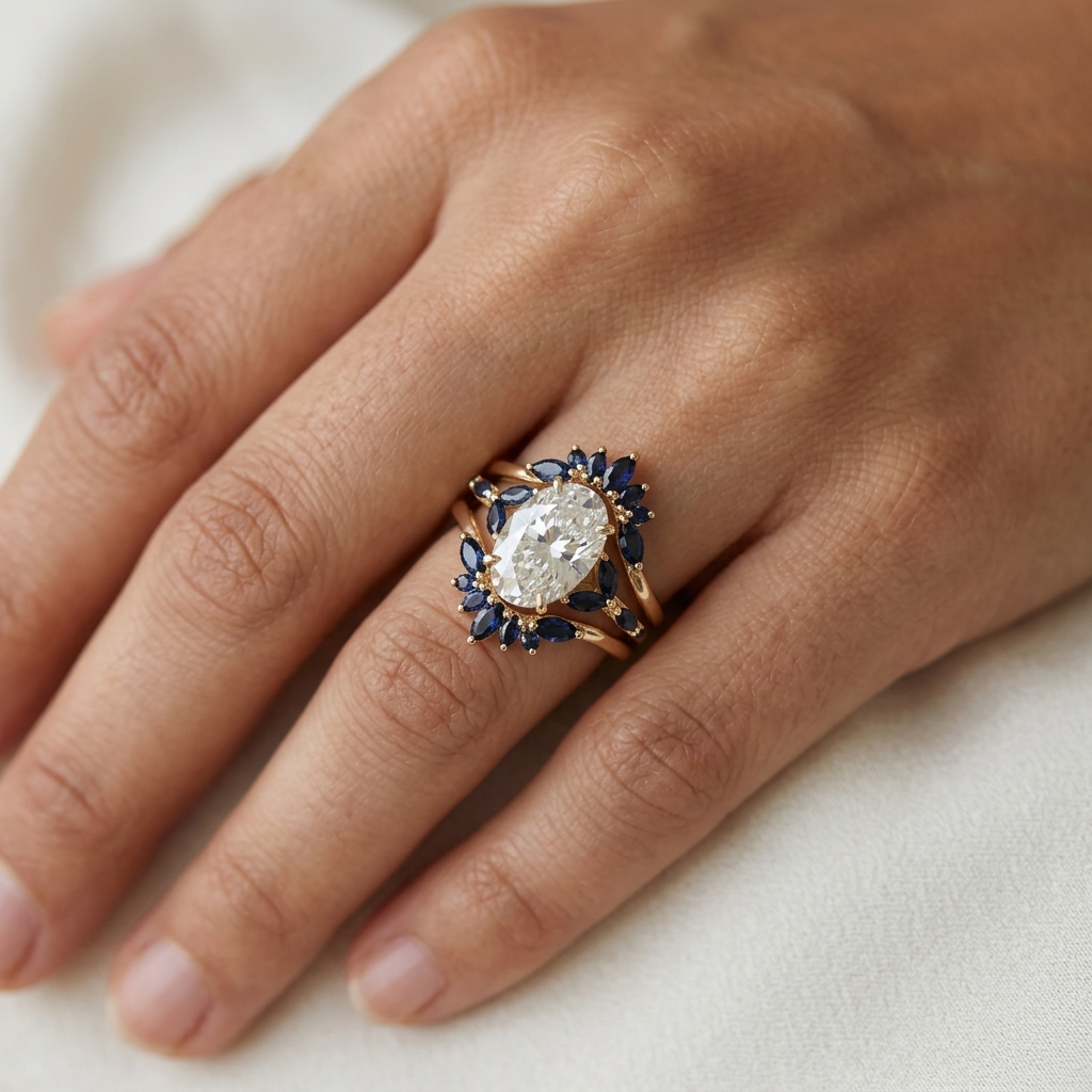 Complete 3-ring oval diamond and sapphire bridal set including engagement ring and two wedding bands worn together on a model's hand