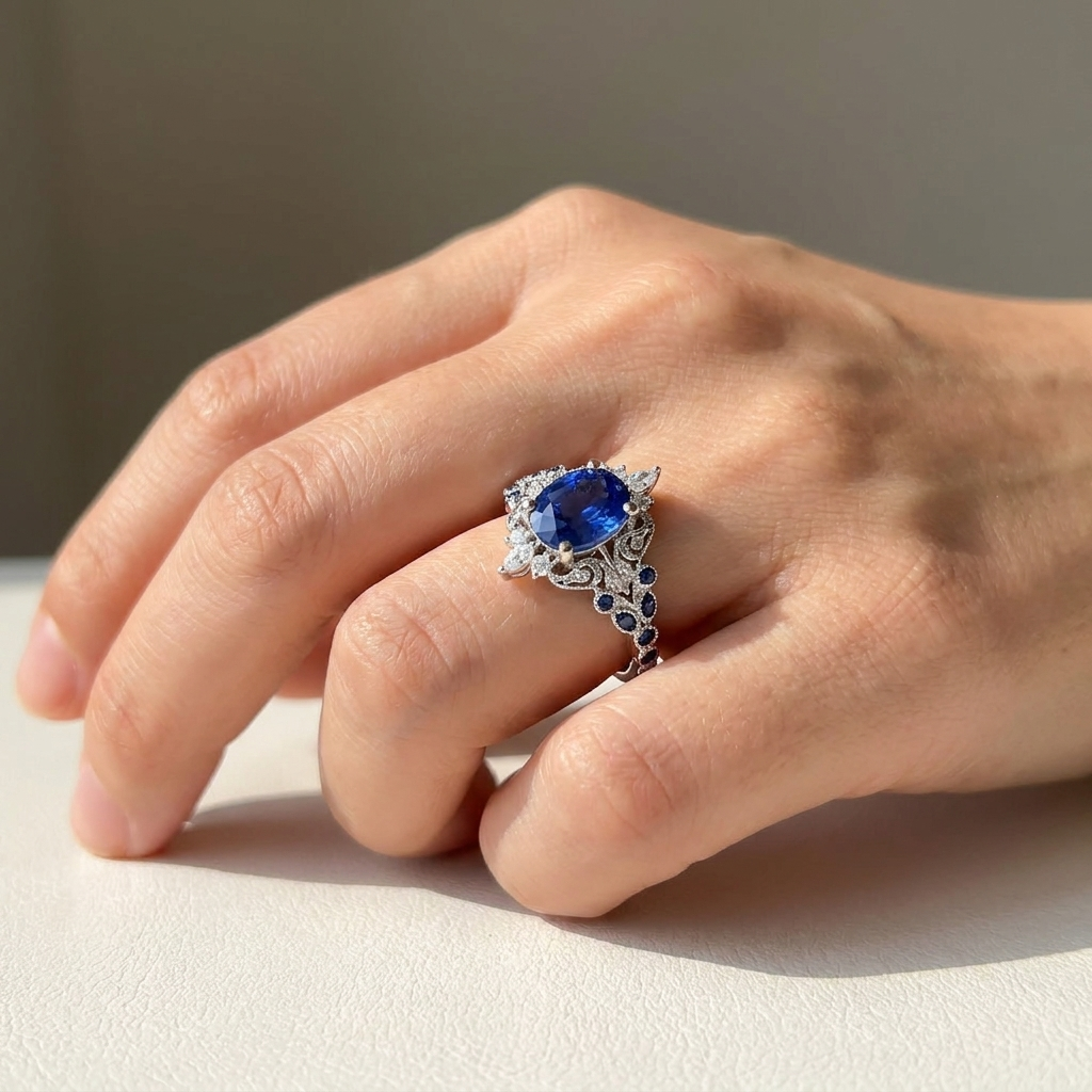 Vintage oval sapphire and diamond engagement ring worn on a hand