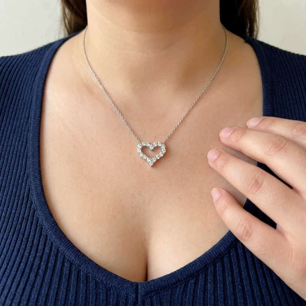 Diamond Heart Necklace 0.80tcw white gold &mdash; on the neck
