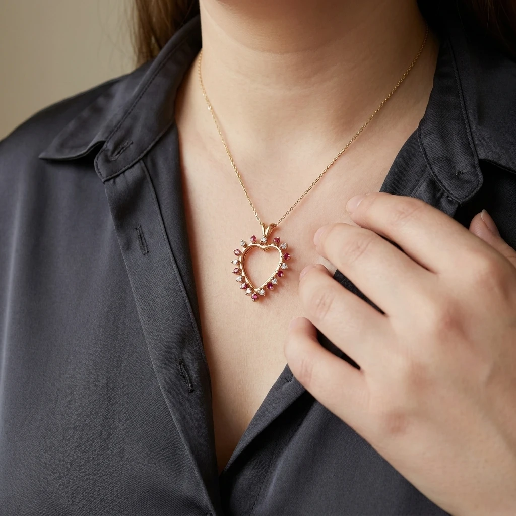 Ruby and Diamond Open Heart Pendant &mdash; on the neck
