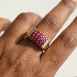 Gold ruby cocktail ring worn on hand, 14kt yellow gold statement ring 0.99tcw