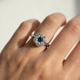 Natural blue diamond cluster ring flower design white gold model worn on hand