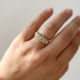 Cluster diamond ring worn on model's hand, 14kt yellow gold art deco vintage silhouette