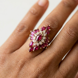 18k gold ruby ring, vintage marquise cocktail style worn on hand