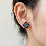 Cabochon Tanzanite and Sapphire Halo Stud Earrings 14kt Yellow Gold