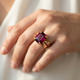Rhodolite garnet statement ring with Mozambique rubies yellow gold worn on hand