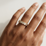 Emerald cut diamond wedding band bezel set gold lab diamond model hand