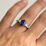 1.95tcw oval-cut sapphire engagement ring in three-stone setting — top view