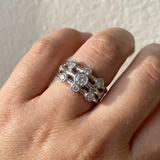 Bubble diamond ring worn on model's hand, 14kt white gold cocktail ring with bezel-set natural diamonds