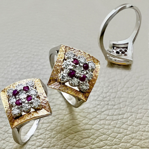 Unique two-tone ruby diamond ring with 0.26tcw diamonds, crafted in 14kt white and yellow gold, designed to offer a modern, distinctive look with a bold and elegant style for women Treasured & Co. Unique two-tone ruby diamond ring with 0.26tcw diamonds, crafted in 14kt white and yellow gold, designed to offer a modern, distinctive look with a bold and elegant style for women Treasured & Co.