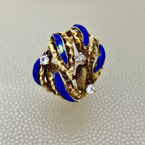 Enamel diamond vintage ring featuring 0.19tcw diamonds, crafted with blue enamel and 14kt yellow gold, designed for women who appreciate timeless elegance Treasured & Co.