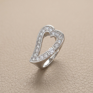Open heart statement ring in 14kt white gold, 8.15g solid gold weight, angle view showing pavé finish