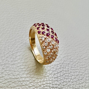 Chic ruby and diamond ring 0.66tcw, featuring pave-set rubies and diamonds on 14kt yellow gold. A simple yet elegant statement ring for women by Treasured & Co., Astoria, New York.