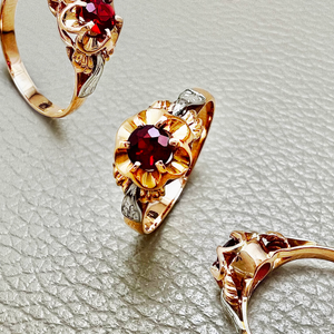 Stunning handcrafted red spinel engagement ring 0.27tcw, set with a rare red spinel center stone and crafted in 14kt white and yellow gold. A unique vintage style engagement or promise ring for women by Treasured & Co. Stunning handcrafted red spinel engagement ring 0.27tcw, set with a rare red spinel center stone and crafted in 14kt white and yellow gold. A unique vintage style engagement or promise ring for women by Treasured & Co.