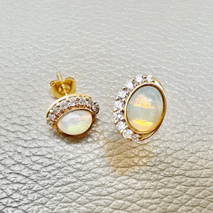 Elegant 14kt Gold Cabochon Opal Diamond Earrings with High Polish Elegant 14kt Gold Cabochon Opal Diamond Earrings with High Polish