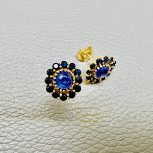 Luxurious 14kt Gold Tanzanite Sapphire Halo Earrings with High Polish Luxurious 14kt Gold Tanzanite Sapphire Halo Earrings with High Polish